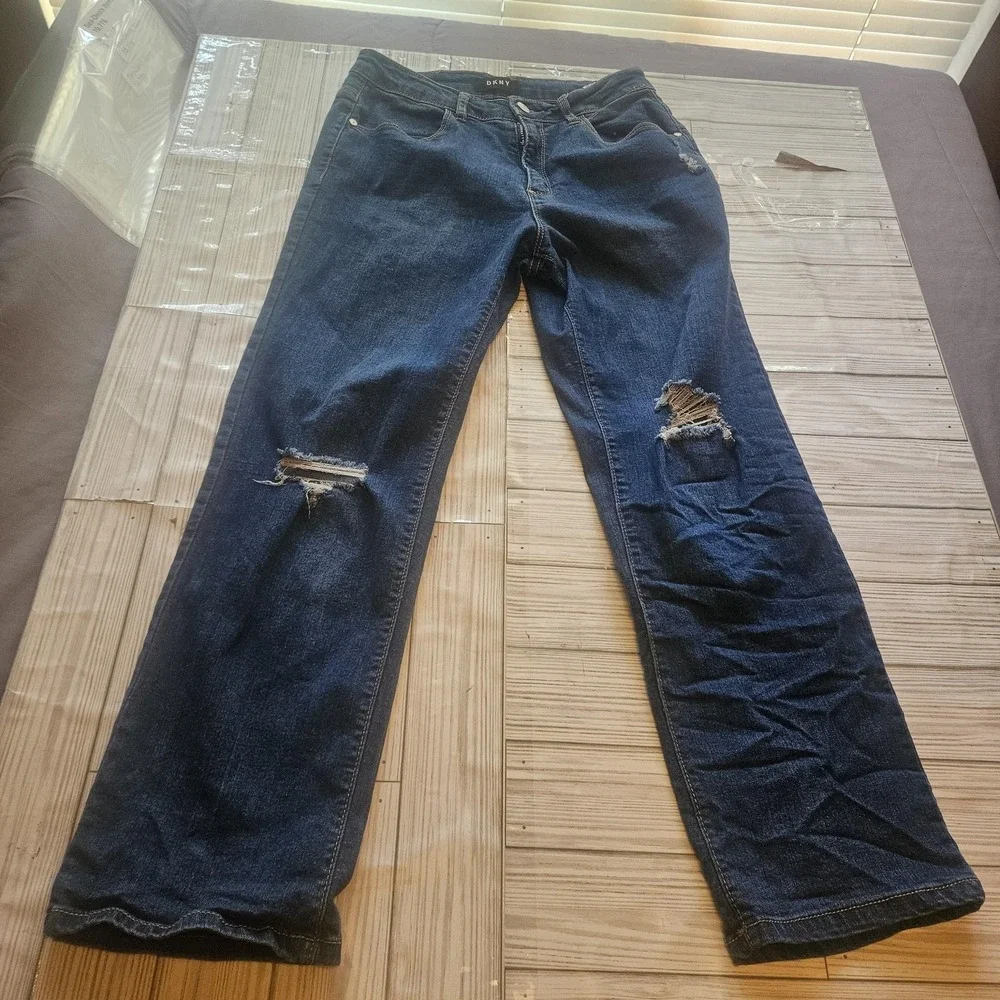 DKNY Jeans Womens 14 Blue Distressed Ripped Straight Leg Denim‎ Casual Trendy